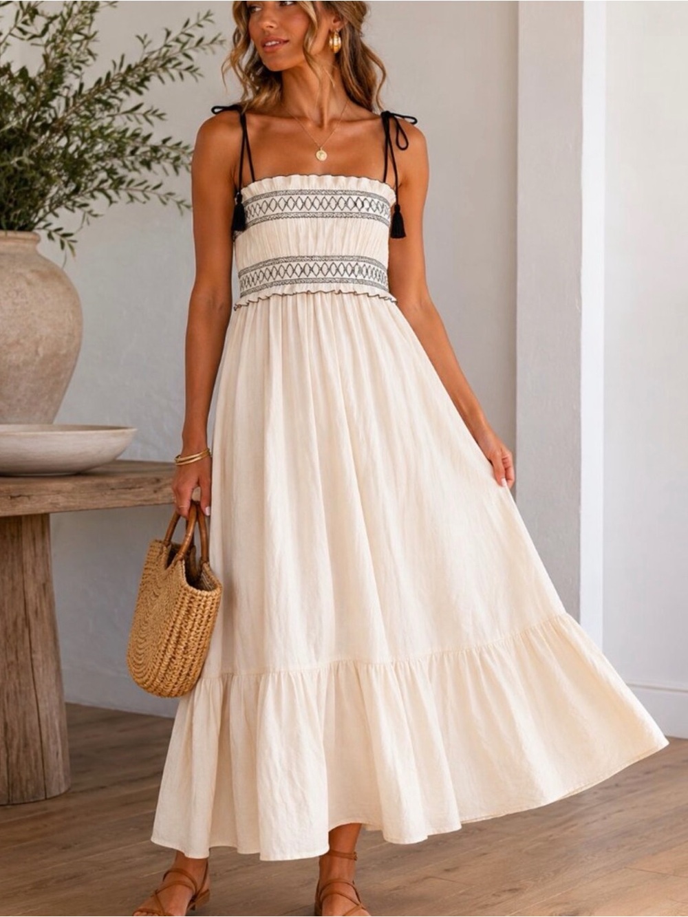 The Good Journey Mara Spaghetti Strap Folk Maxi Dress Embroidered Cream Medium
